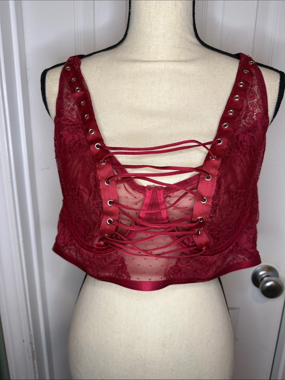 Torrid- Lace-Up Burgundy Lace Bralette with Sheer Paneling